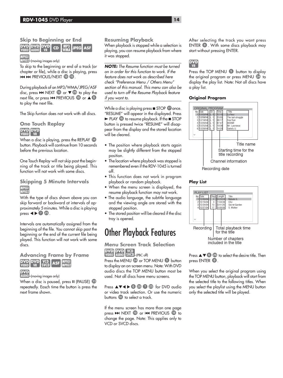 Rotel RDV-1045 Skip to Beginning or End, One Touch Replay, Skipping 5 Minute Intervals, Advancing Frame by Frame 