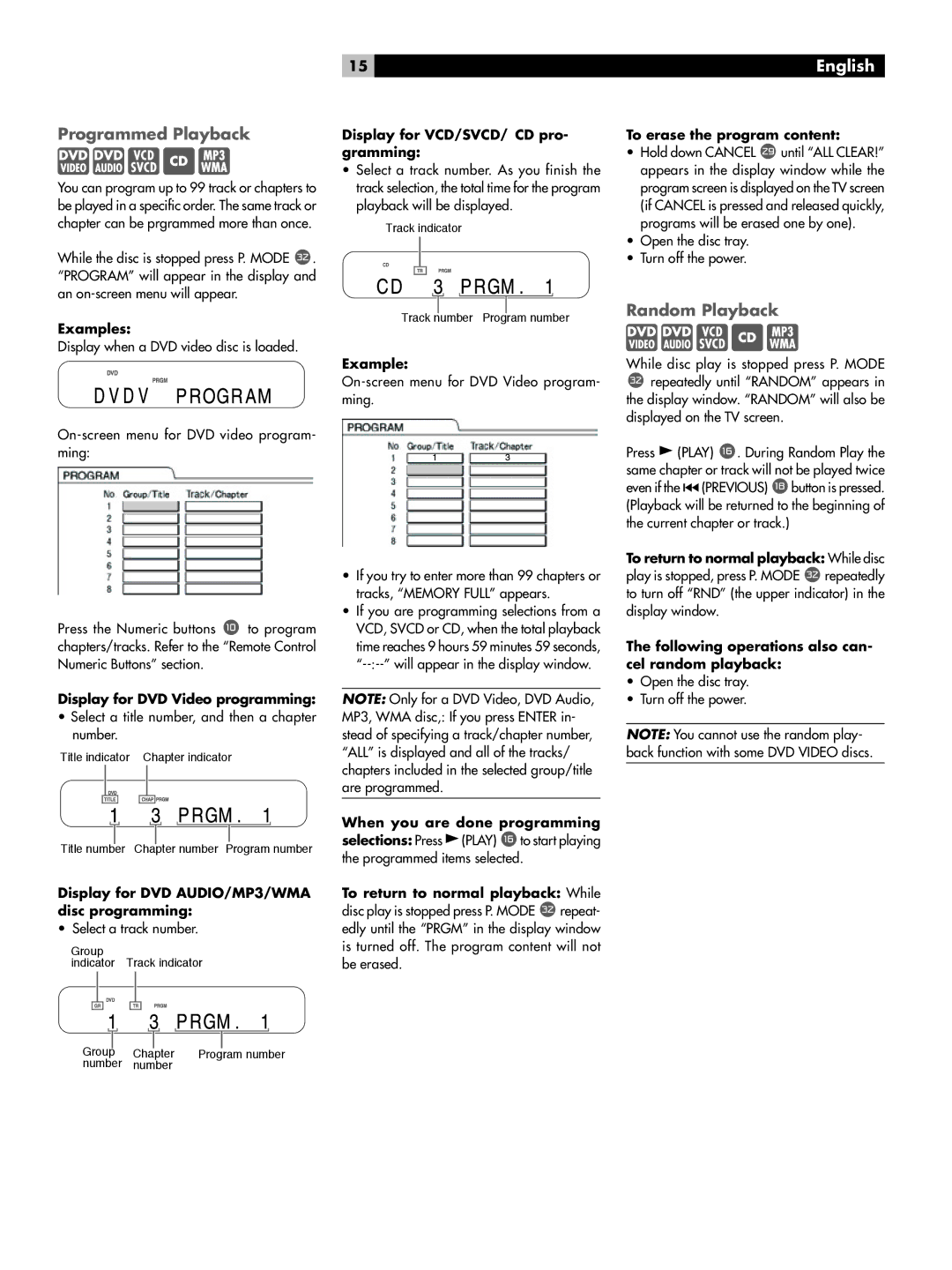 Rotel RDV-1045 owner manual Programmed Playback, Random Playback 