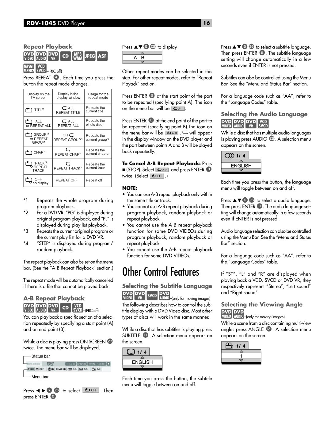 Rotel RDV-1045 Repeat Playback, Selecting the Subtitle Language, Selecting the Audio Language, Selecting the Viewing Angle 