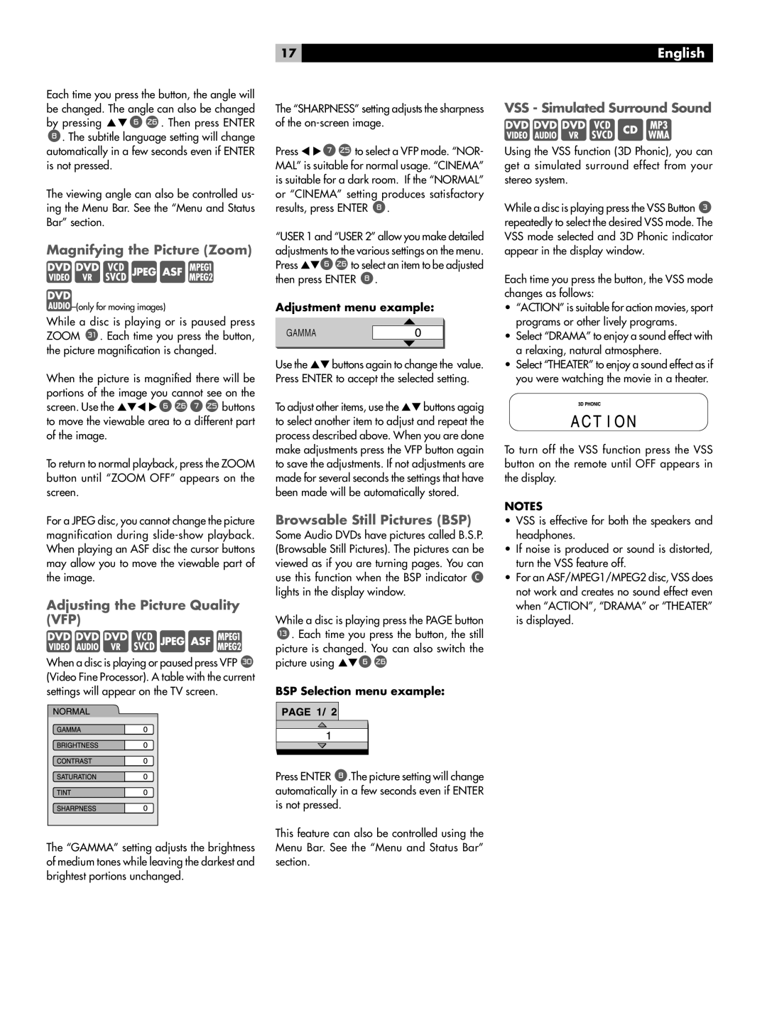 Rotel RDV-1045 owner manual Magnifying the Picture Zoom, Adjusting the Picture Quality VFP, Browsable Still Pictures BSP 