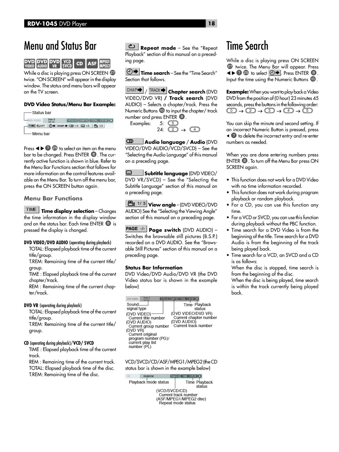 Rotel RDV-1045 Time Search, Menu Bar Functions, DVD Video Status/Menu Bar Example, CHAP. / Track Chapter search DVD 