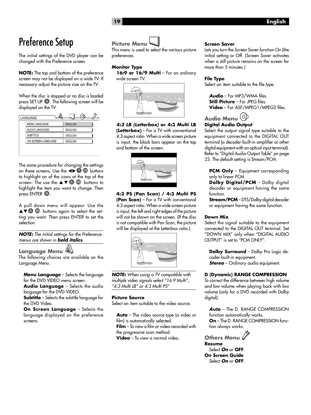 Rotel RDV-1045 owner manual Preference Setup, Language Menu, Picture Menu, Audio Menu, Others Menu 