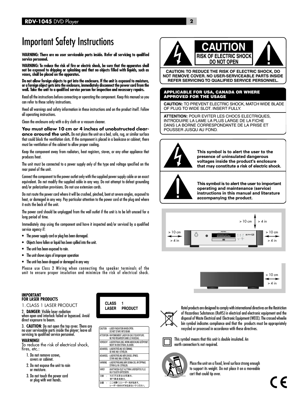 Rotel RDV-1045 owner manual Important Safety Instructions, For Laser Products 