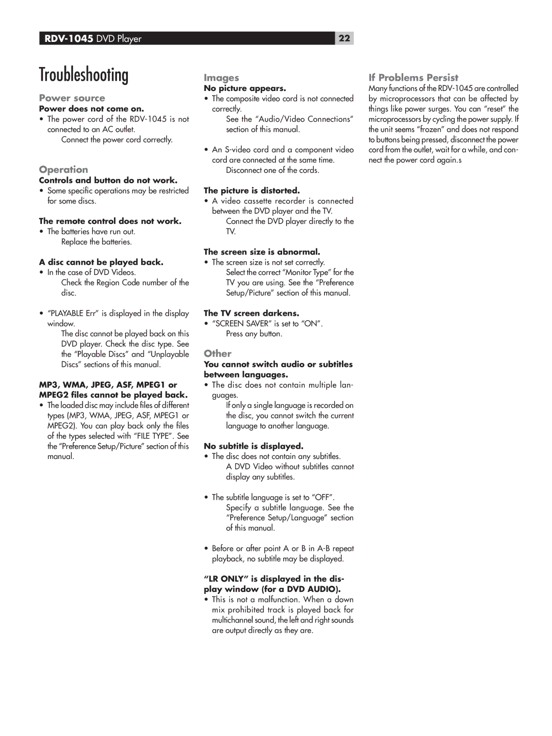 Rotel RDV-1045 owner manual Troubleshooting 