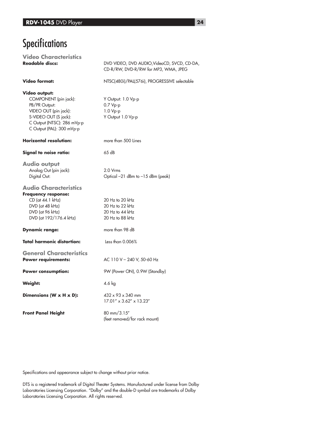 Rotel RDV-1045 Speciﬁcations, Video Characteristics, Audio output, Audio Characteristics, General Characteristics 