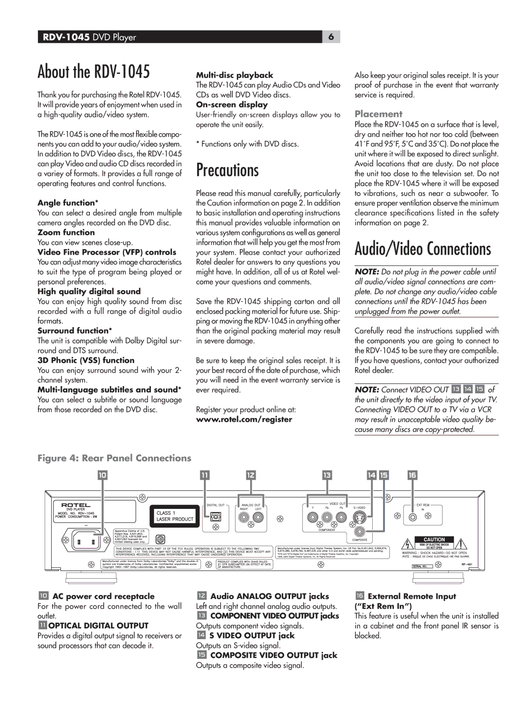 Rotel RDV-1045 owner manual Precautions, Placement 