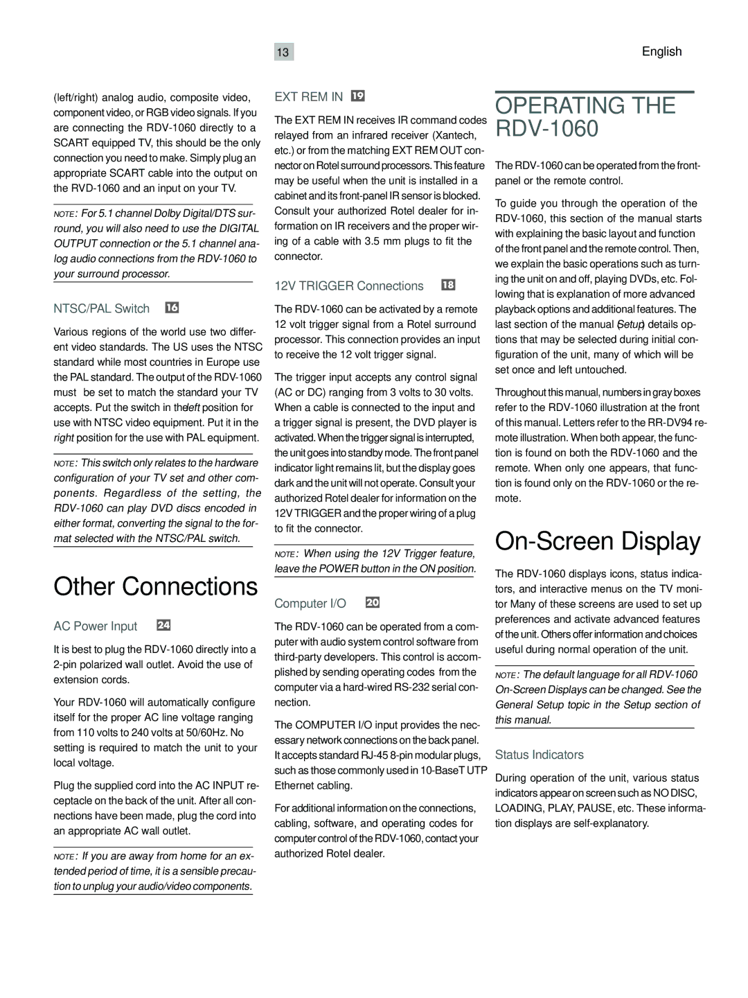 Rotel RDV-1060 owner manual Other Connections, On-Screen Display, Ext Rem 