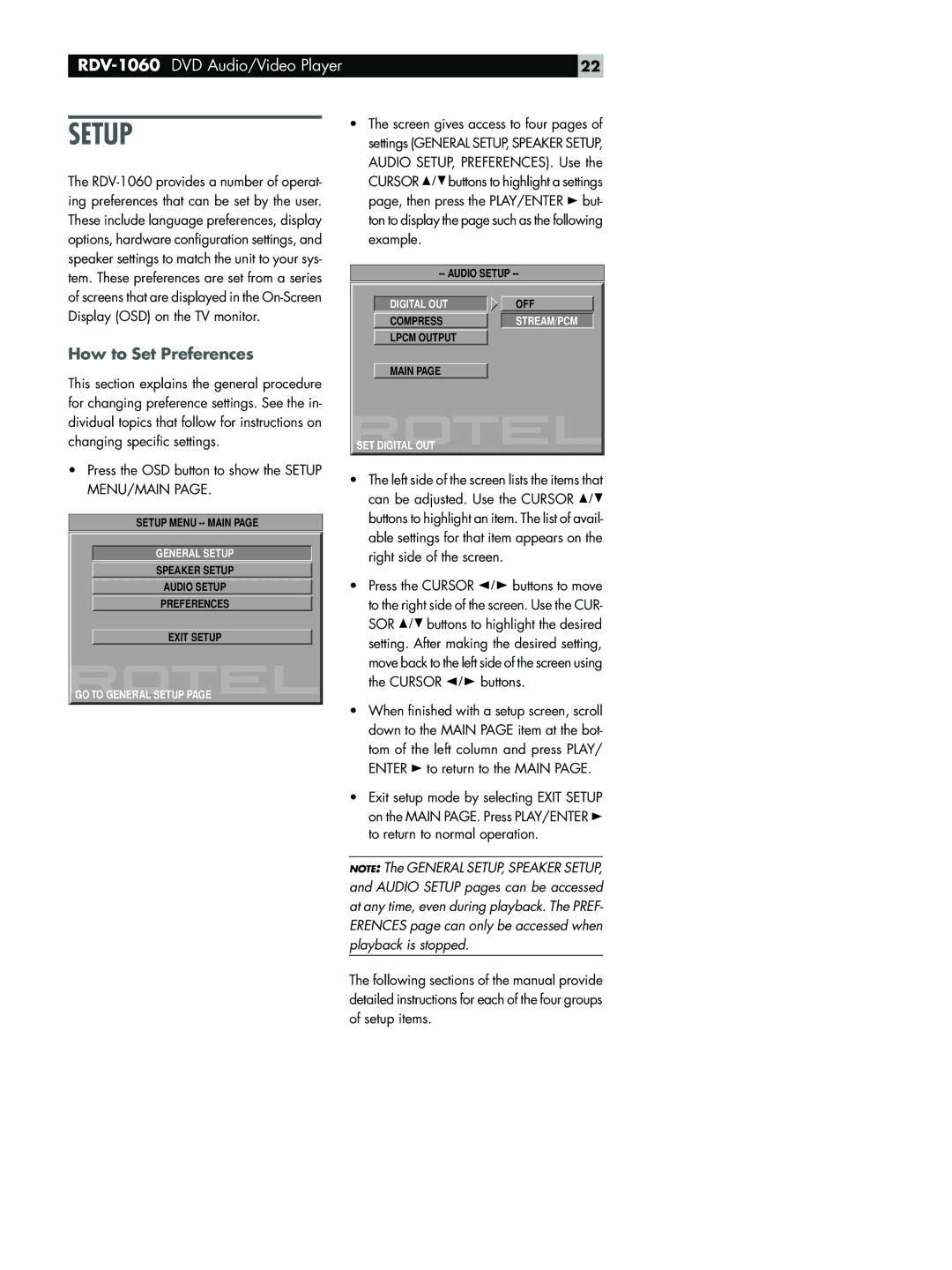 Rotel RDV-1060 owner manual Setup, How to Set Preferences 