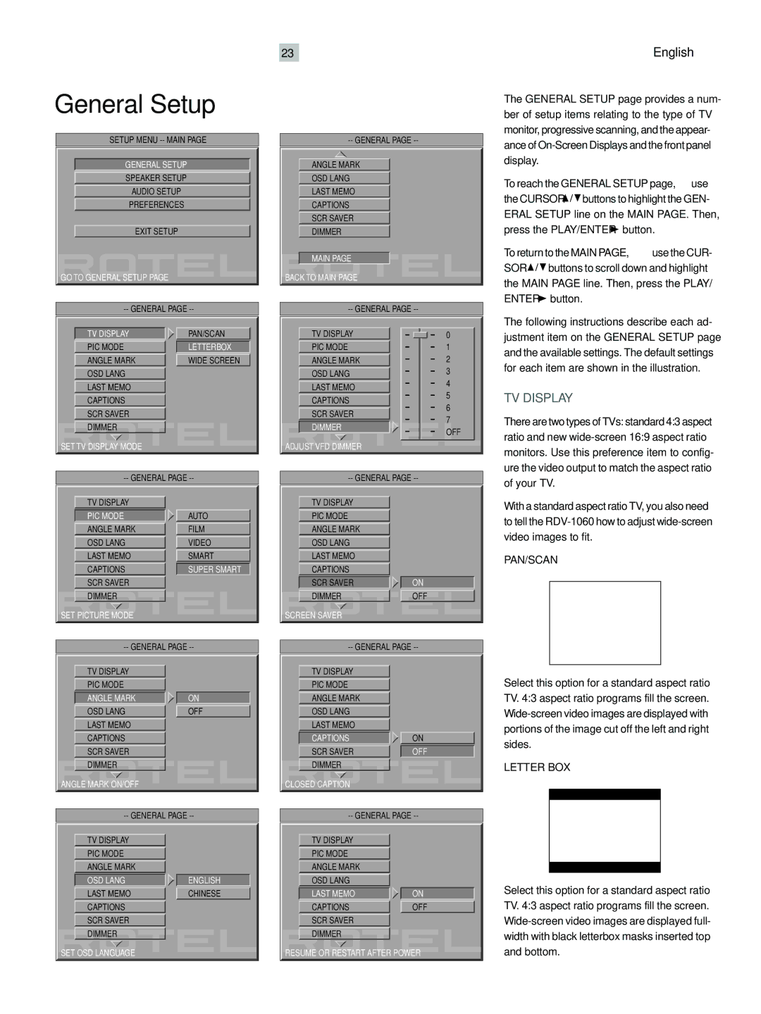 Rotel RDV-1060 owner manual General Setup, TV Display 