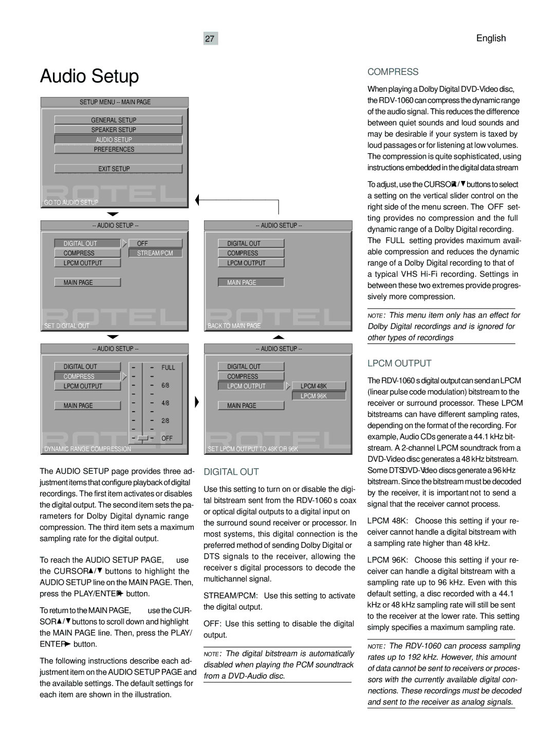 Rotel RDV-1060 owner manual Compress, Lpcm Output, Digital OUT, To reach the Audio Setup PAGE, use 