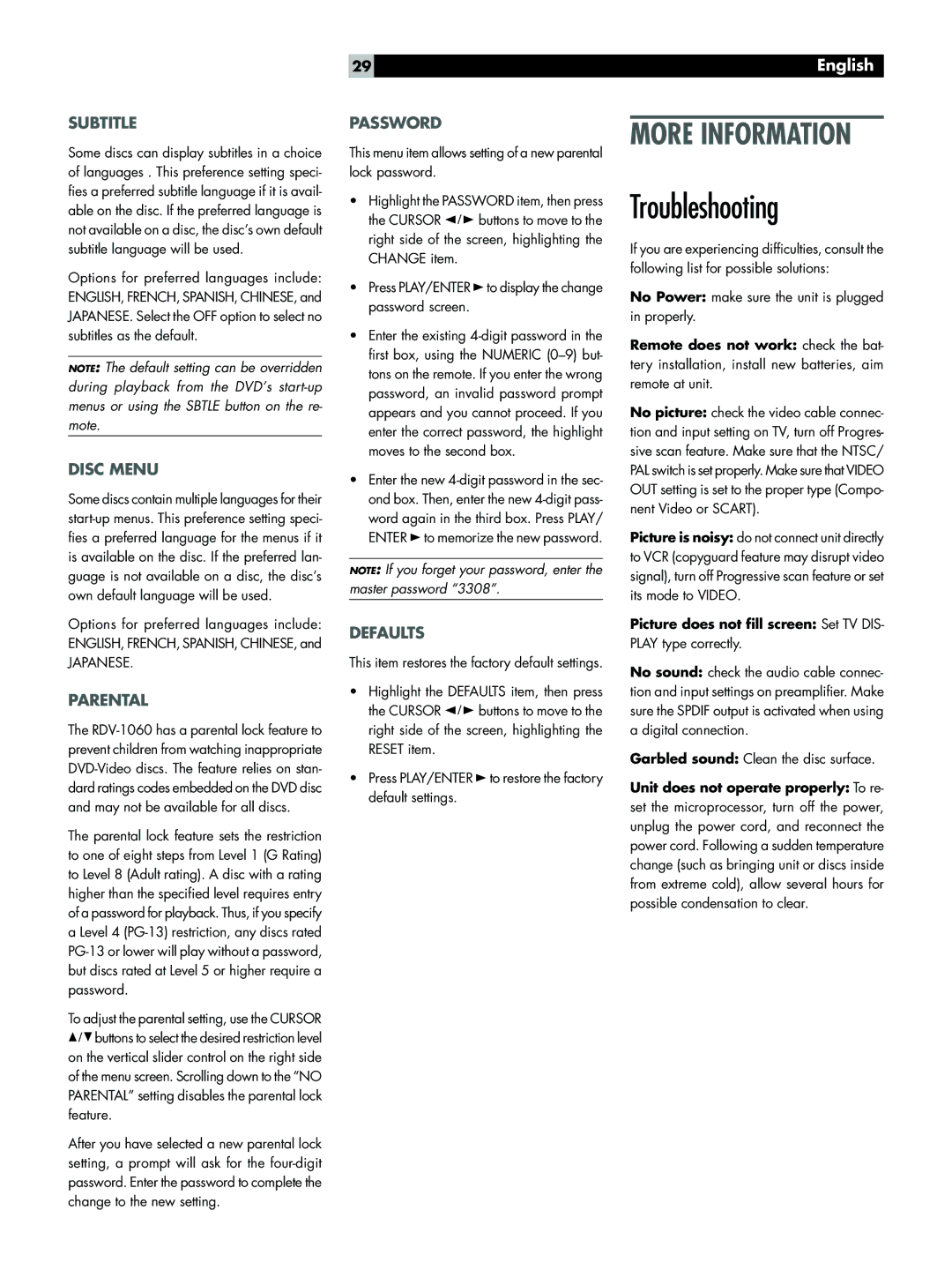 Rotel RDV-1060 owner manual Troubleshooting 