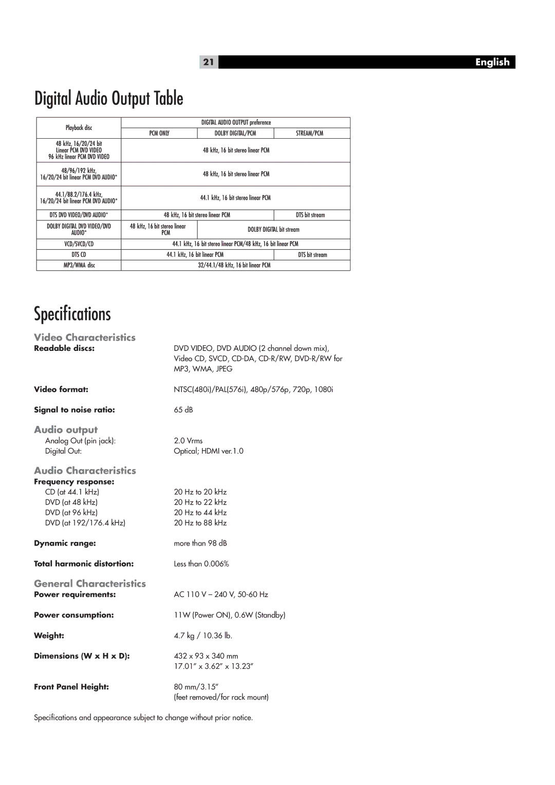 Rotel RDV-1062 manual ˆˆÌÊÕ`ˆœÊÕÌ«ÕÌÊ/Li «iVˆwVÌˆœ˜Ã, ˆ`iœÊ ÀVÌiÀˆÃÌˆVÃÊ, Õ`ˆœÊœÕì«Õì, Õ`ˆœÊ ÀVÌiÀˆÃÌˆVÃ 