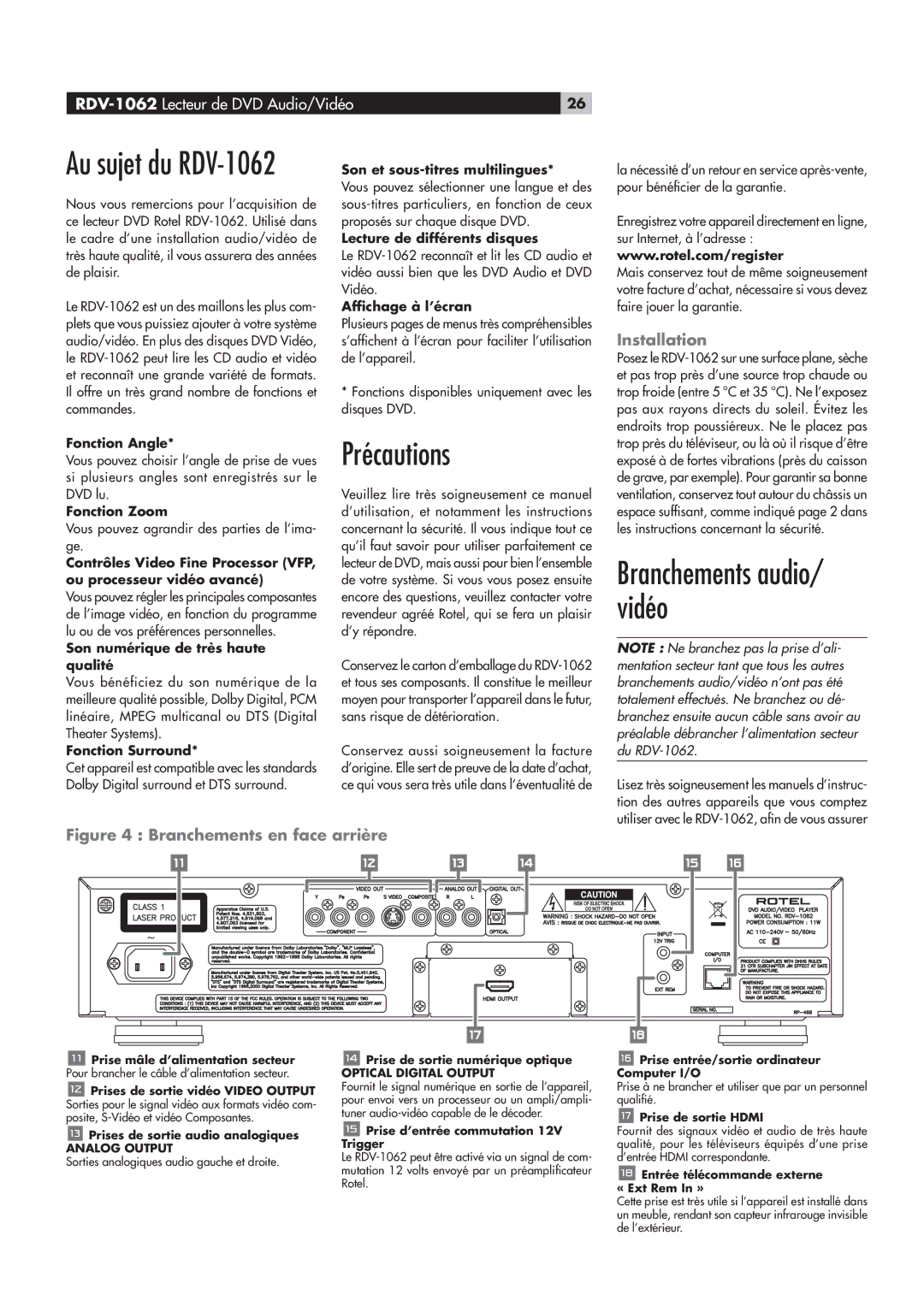 Rotel RDV-1062 manual ÀjVÕÌˆœ˜Ã, ˜ÃìÌˆœ˜, ˆÕÀiÊÊ\Ê À˜V…i“i˜ÌÃÊi˜ÊvViÊÀÀˆmÀi 