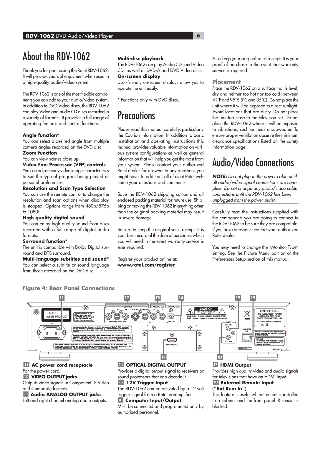 Rotel RDV-1062 manual LœÕÌÊÌ…iÊ,6‡£äÈÓ, ÀiVÕÌˆœ˜Ã, Õ`ˆœÉ6ˆ`iœÊ œ˜˜iVÌˆœ˜Ã, Vi“i˜Ì, ˆÕÀiÊ\Ê,iÀÊ*˜iÊ œ˜˜iVÌˆœ˜Ã 