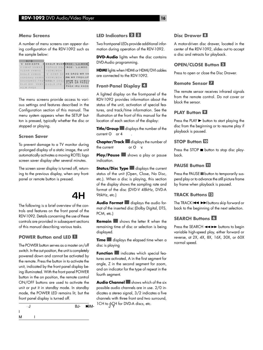Rotel RDV-1092 Menu Screens LED Indicators Disc Drawer, Screen Saver, Power Button and LED, Front-Panel Display 