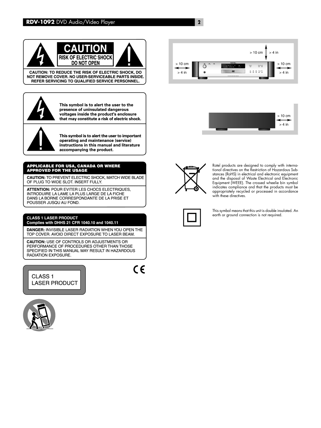 Rotel owner manual RDV-1092DVD Audio/Video Player 