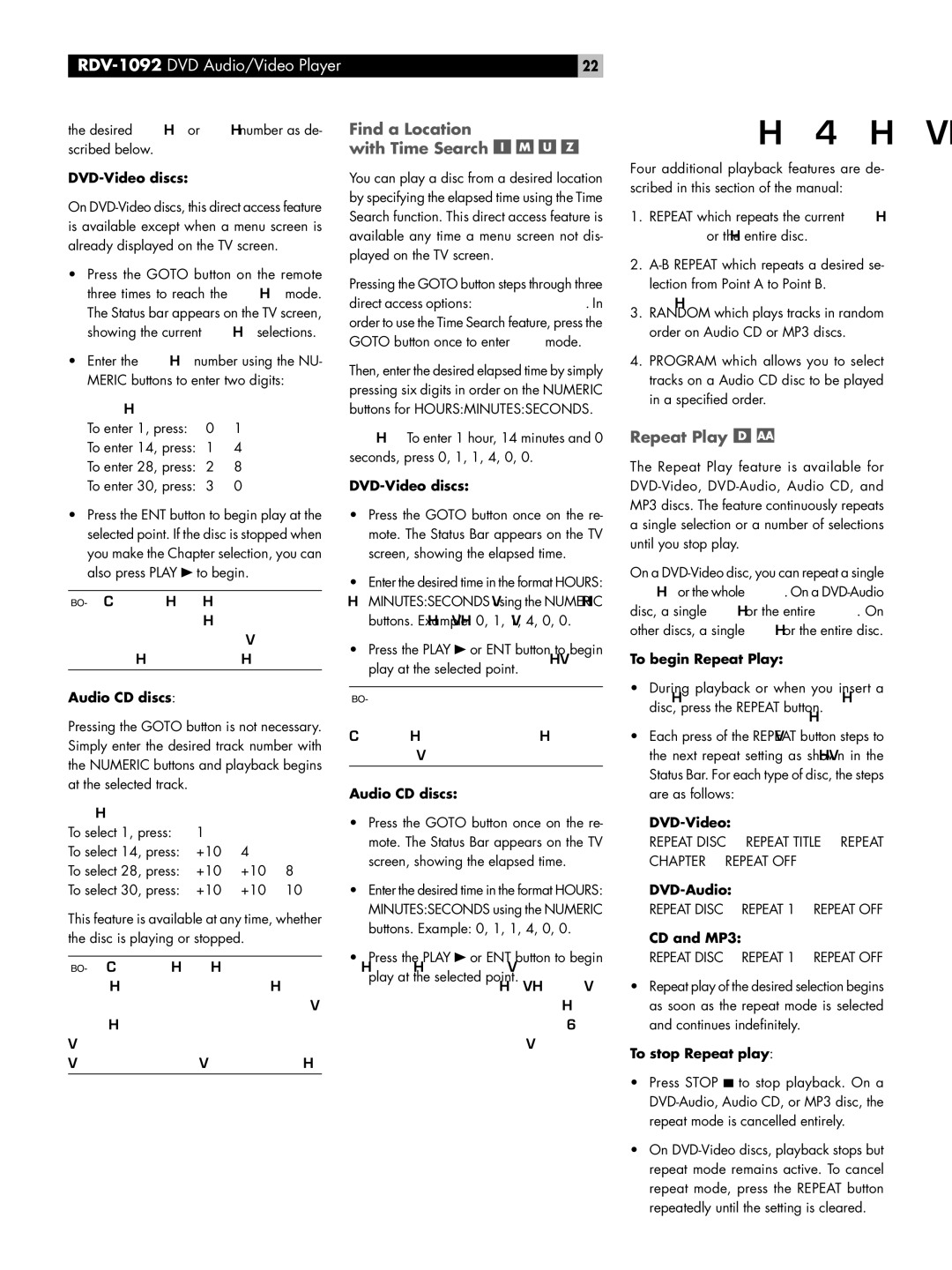 Rotel RDV-1092 owner manual Find a Location with Time Search, Repeat Play 