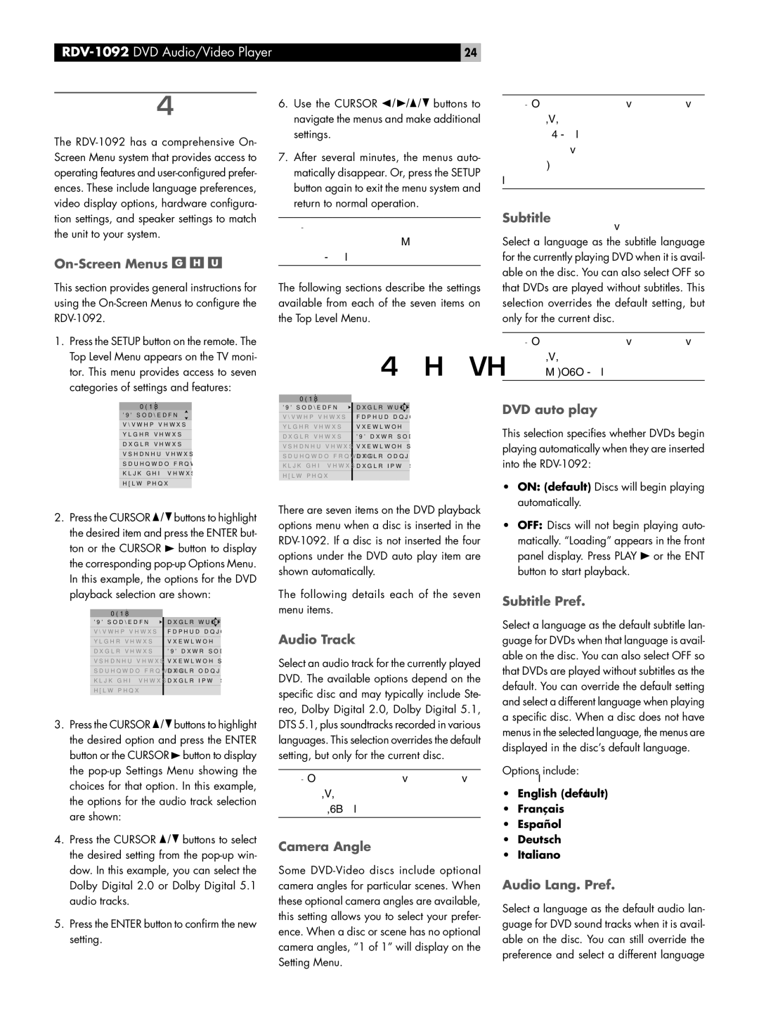 Rotel RDV-1092 owner manual On-Screen Menus, DVD auto play, Audio Track, Camera Angle, Subtitle Pref, Audio Lang. Pref 