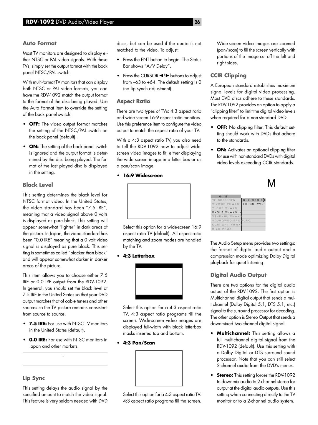 Rotel RDV-1092 owner manual Audio Setup Menu 