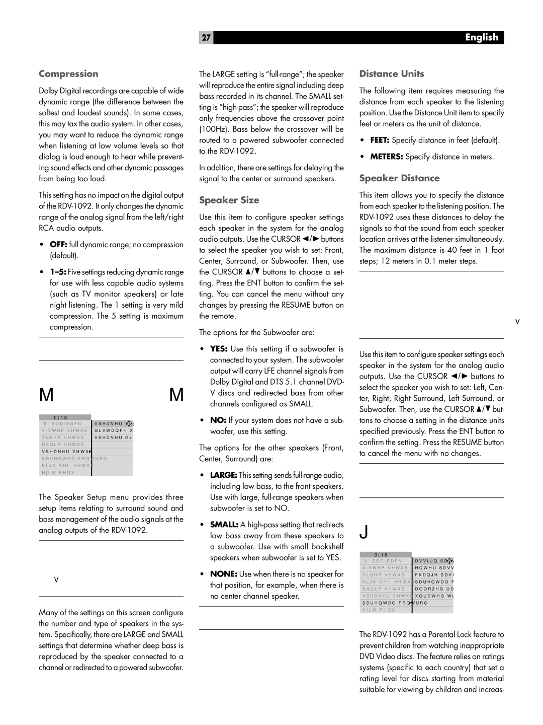 Rotel RDV-1092 owner manual Compression, Speaker Size, Distance Units, Speaker Distance 