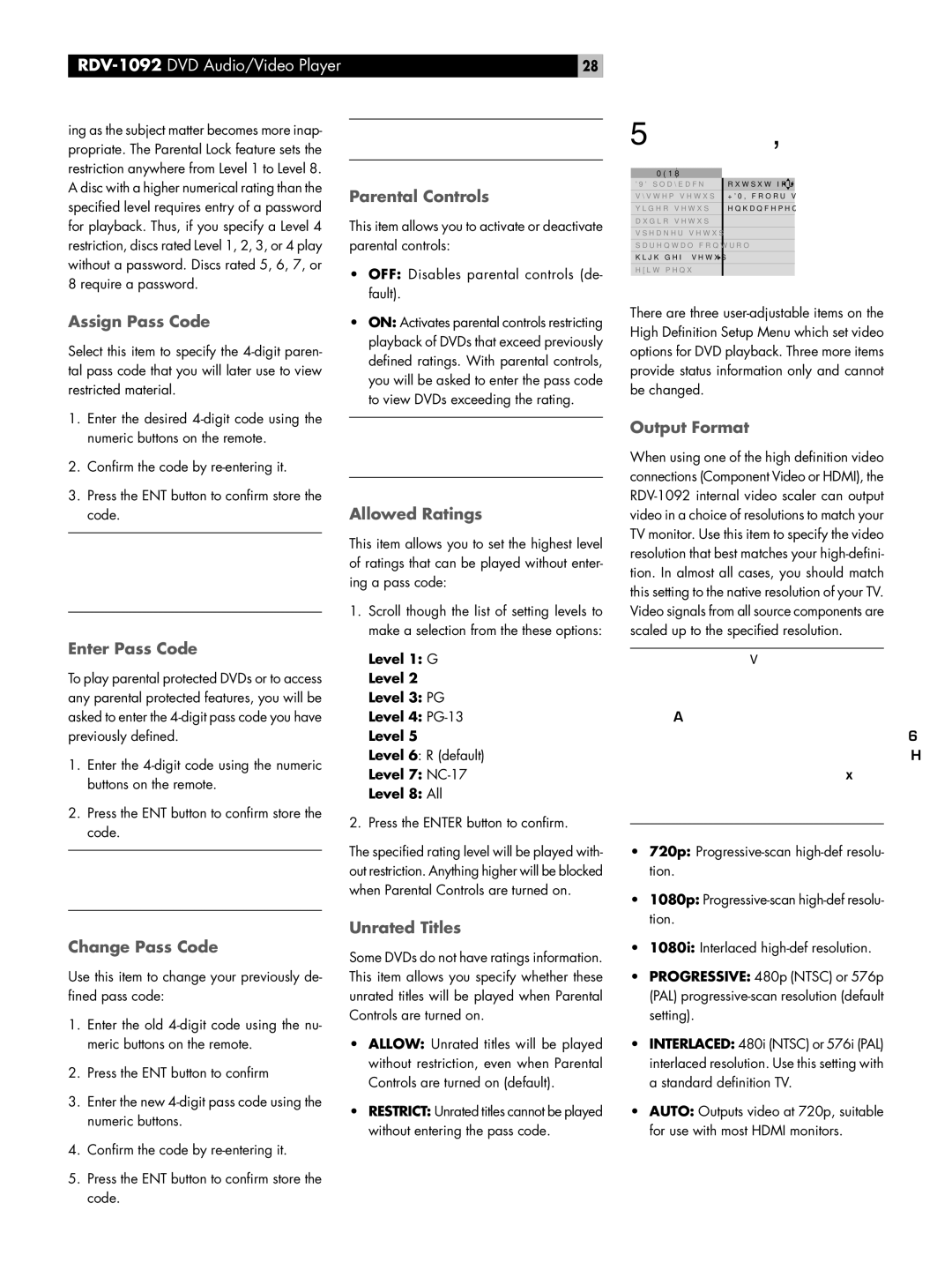 Rotel RDV-1092 Assign Pass Code, Enter Pass Code, Parental Controls, Allowed Ratings, Change Pass Code, Unrated Titles 