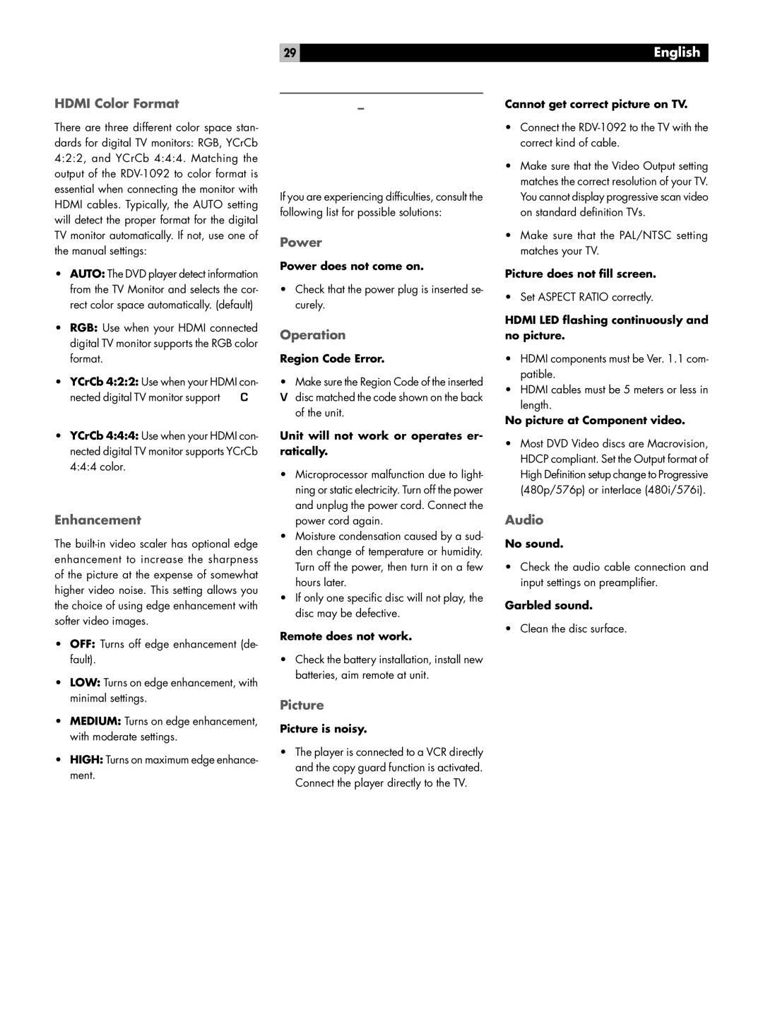 Rotel RDV-1092 owner manual Troubleshooting 