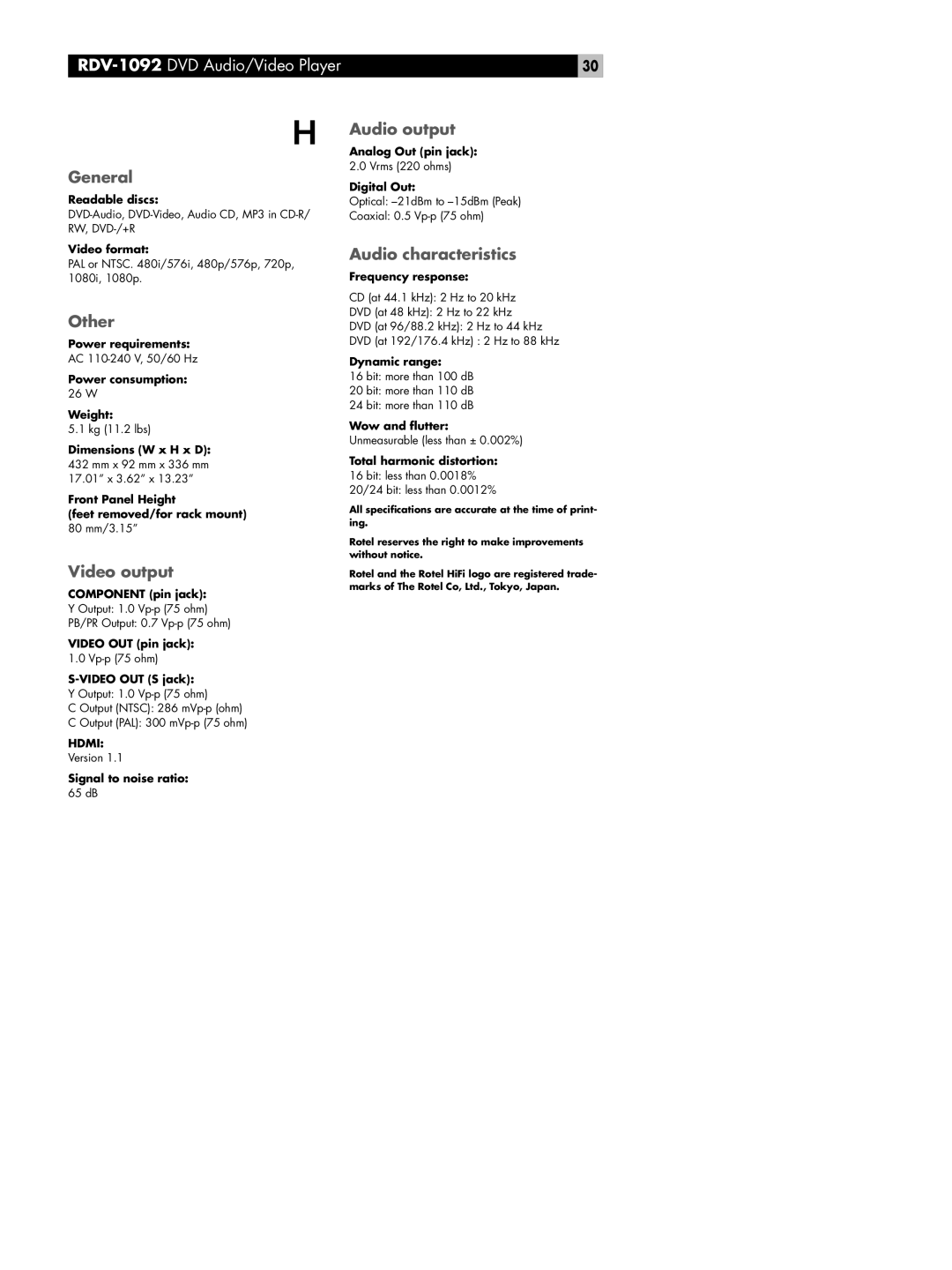 Rotel RDV-1092 owner manual Speciﬁcations 