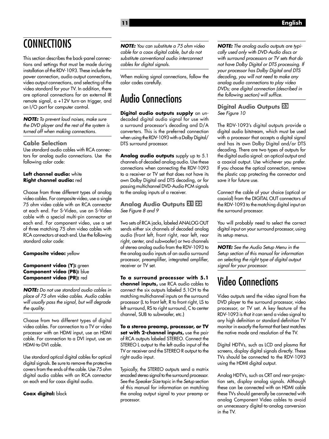 Rotel RDV-1093 Audio Connections, Video Connections, Cable Selection, Analog Audio Outputs, Digital Audio Outputs 