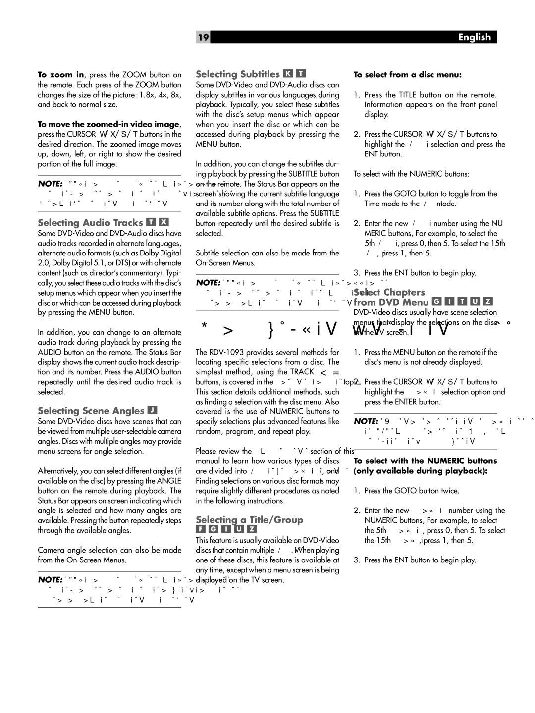 Rotel RDV-1093 owner manual Selecting Audio Tracks, Selecting Scene Angles, Selecting Subtitles, Selecting a Title/Group 