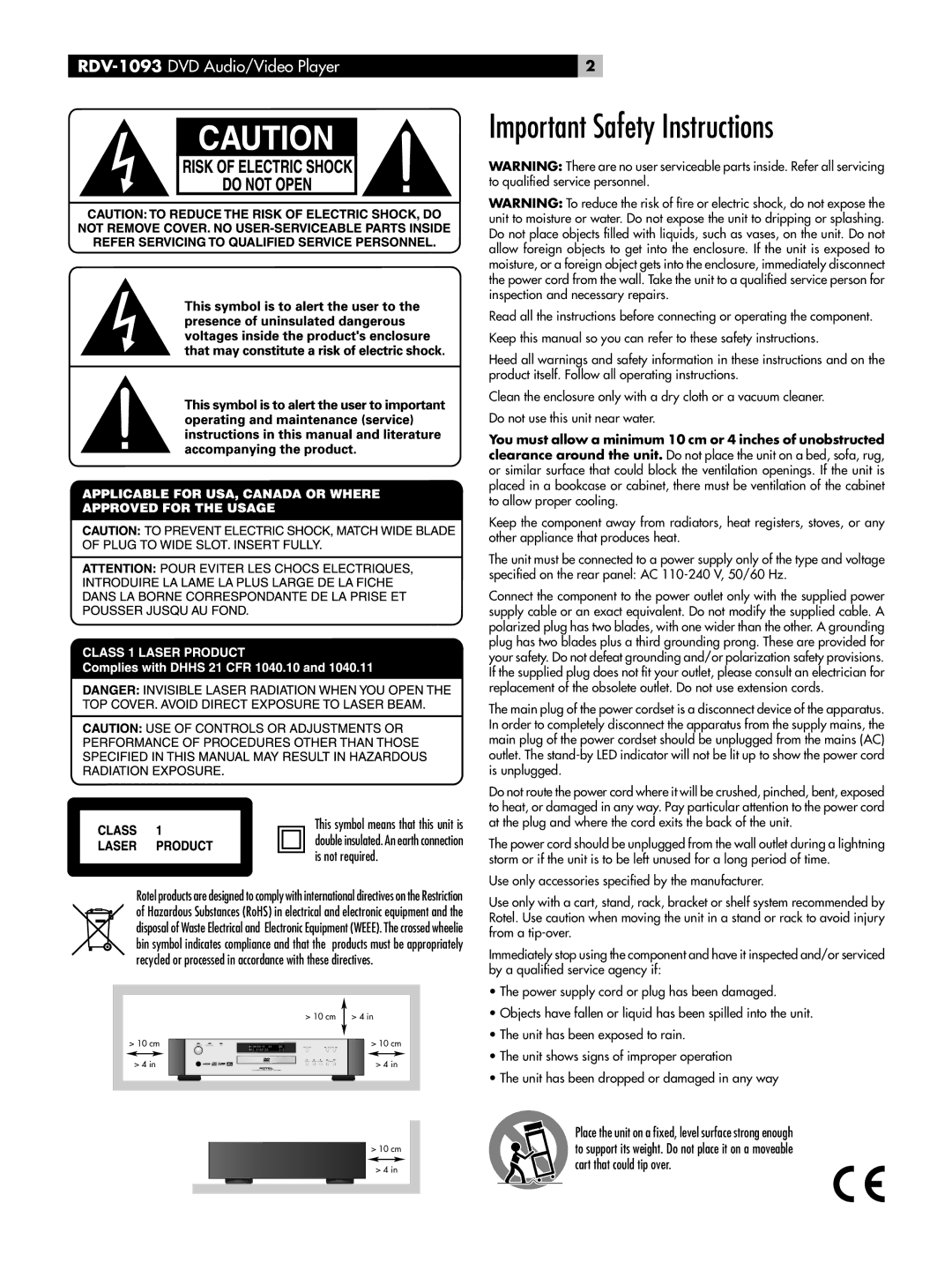 Rotel owner manual Important Safety Instructions, RDV-1093DVD Audio/Video Player 