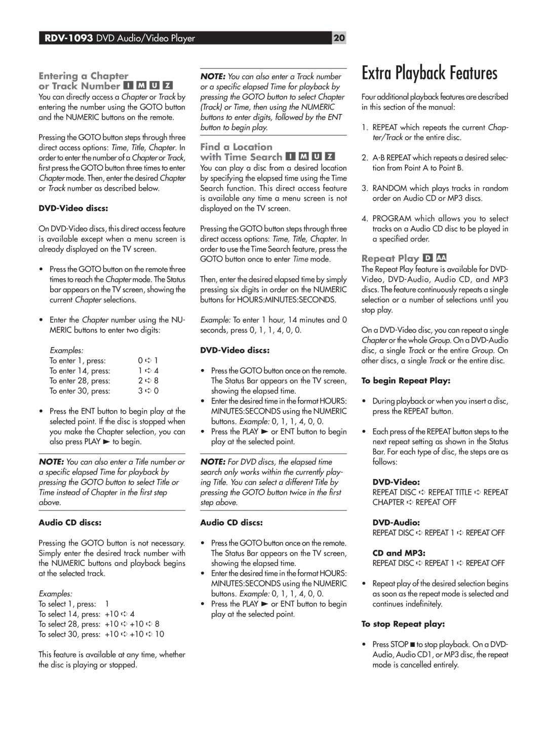 Rotel RDV-1093 owner manual Entering a Chapter or Track Number, Find a Location with Time Search, Repeat Play 