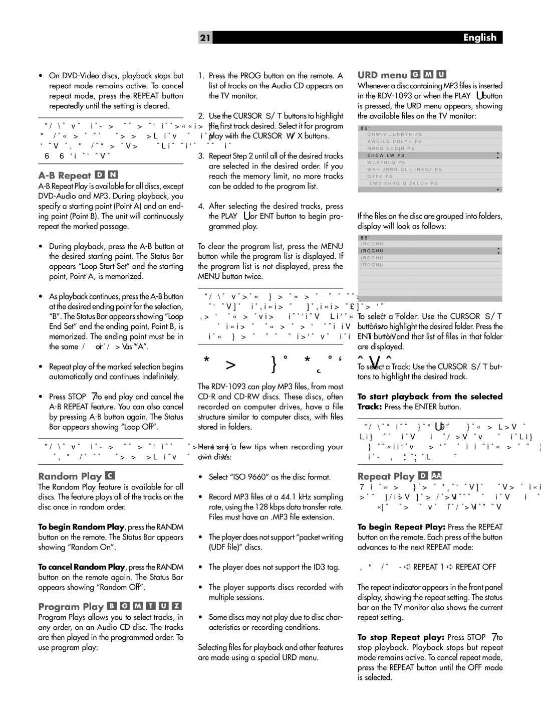 Rotel RDV-1093 owner manual Playing MP3 discs, Repeat, Random Play, Program Play, URD menu 