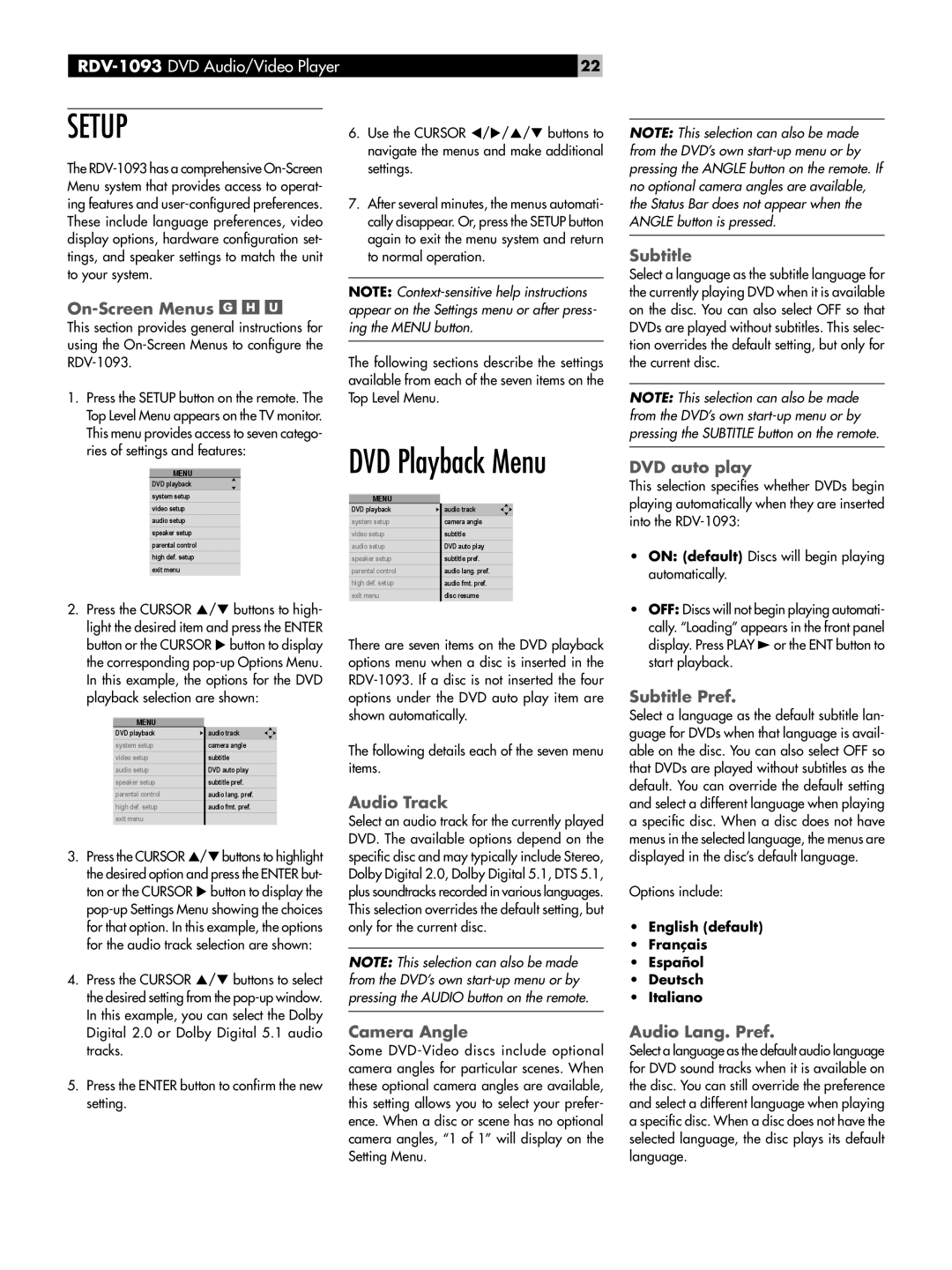 Rotel RDV-1093 owner manual On-Screen Menus, Audio Track, Camera Angle, DVD auto play, Subtitle Pref, Audio Lang. Pref 