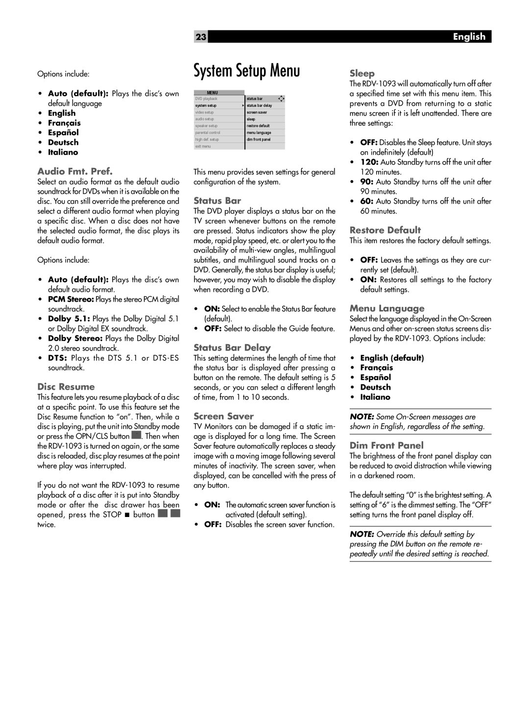 Rotel RDV-1093 Sleep, Audio Fmt. Pref, Disc Resume, Status Bar Delay, Restore Default, Menu Language, Dim Front Panel 