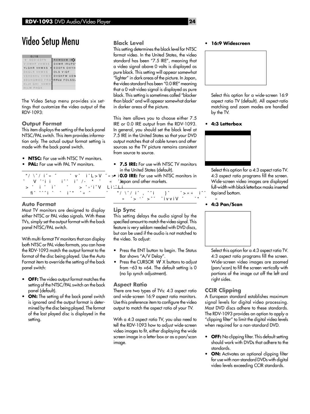 Rotel RDV-1093 owner manual Video Setup Menu 