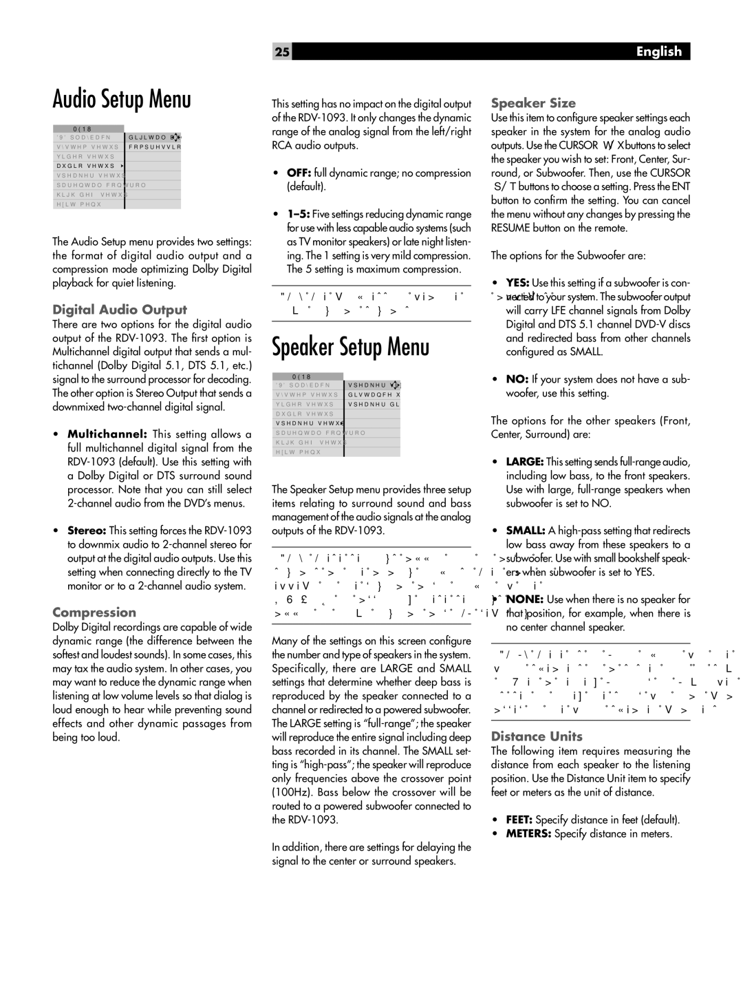 Rotel RDV-1093 owner manual Audio Setup Menu, Digital Audio Output, Compression, Speaker Size, Distance Units 
