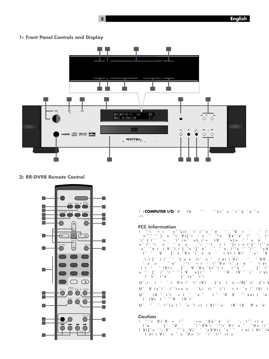 Rotel RDV-1093 owner manual Front Panel Controls and Display RR-DV98 Remote Control, FCC Information 