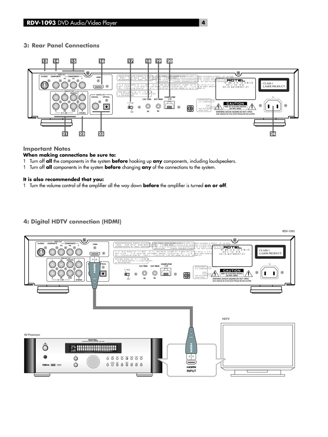 Rotel RDV-1093 Rear Panel Connections, Important Notes, Digital Hdtv connection Hdmi, When making connections be sure to 