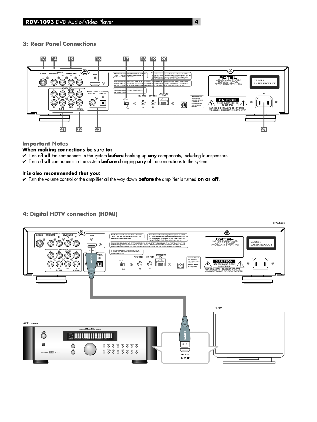 Rotel RDV-1093 DVD Audio/Video Player, Rear Panel Connections, Important Notes, Digital HDTV connection HDMI 