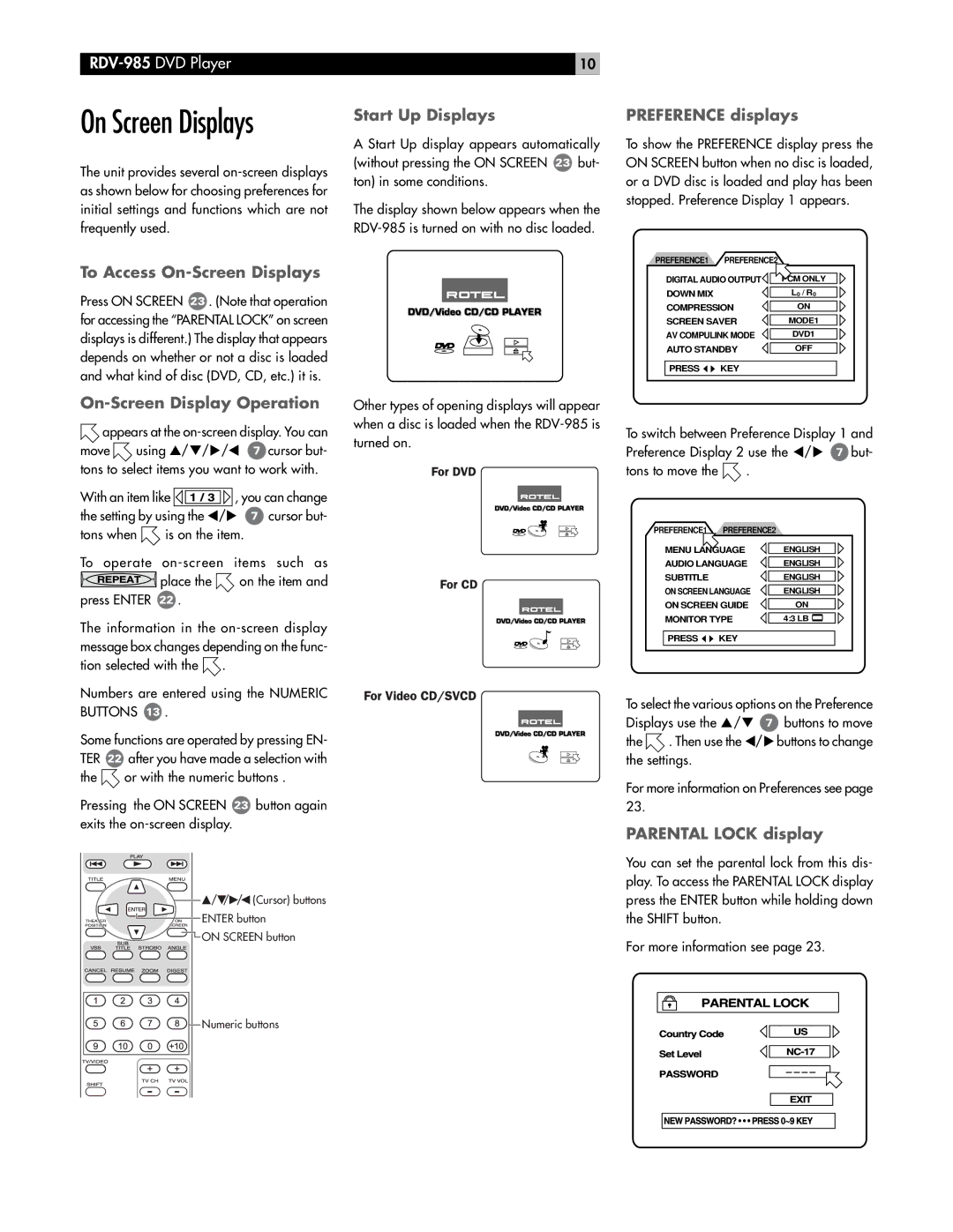 Rotel RDV-985 Start Up Displays, Preference displays, To Access On-Screen Displays, On-Screen Display Operation 