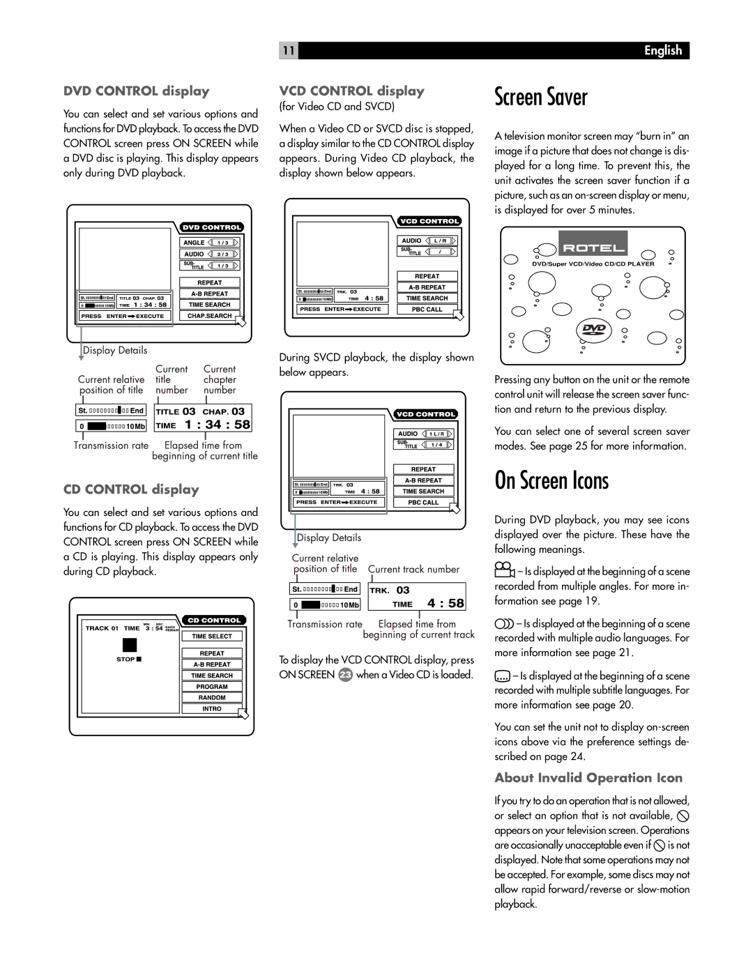 Rotel RDV-985 owner manual Screen Saver, On Screen Icons 