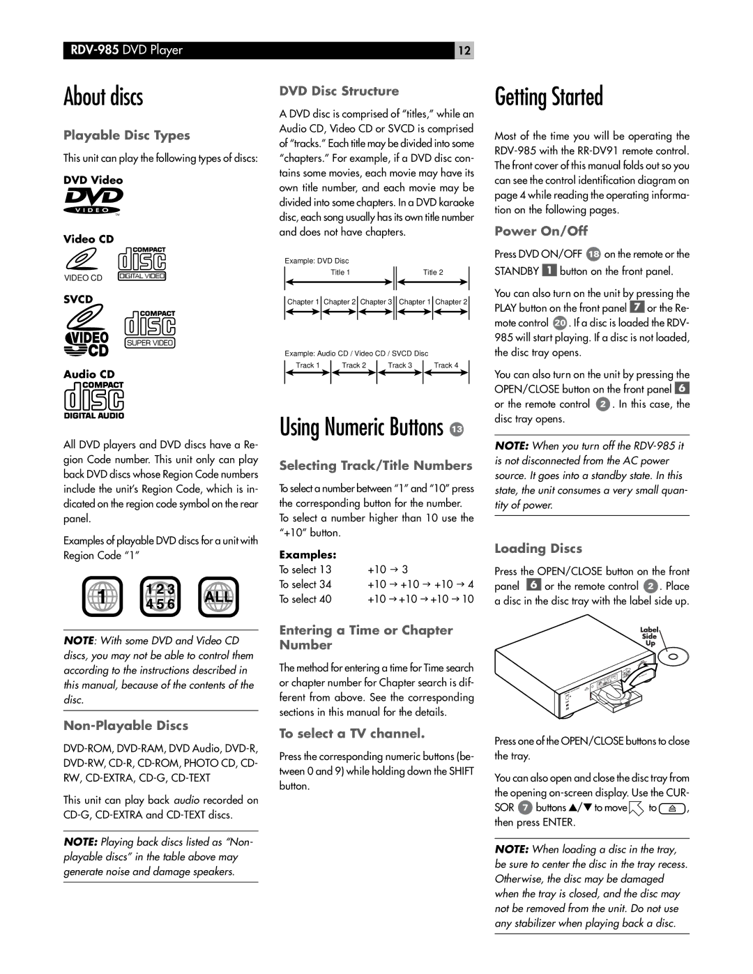 Rotel RDV-985 owner manual About discs, Getting Started 