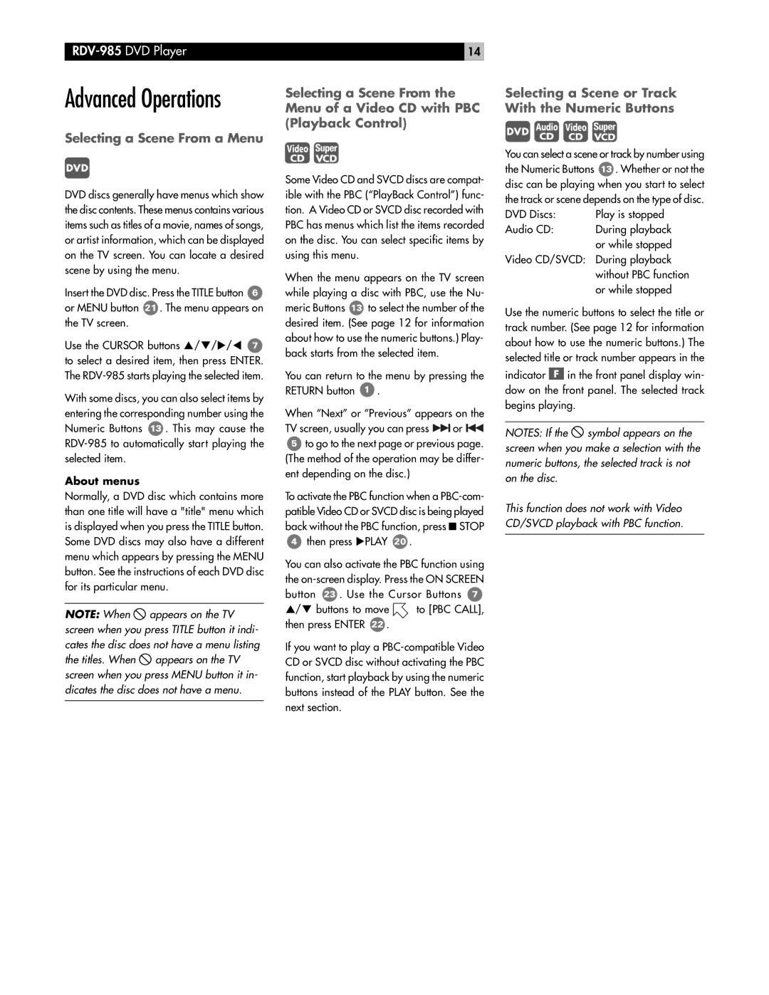 Rotel RDV-985 owner manual Selecting a Scene From a Menu, Selecting a Scene or Track With the Numeric Buttons, About menus 