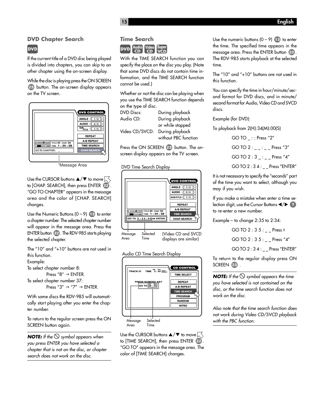 Rotel RDV-985 owner manual DVD Chapter Search, Time Search 