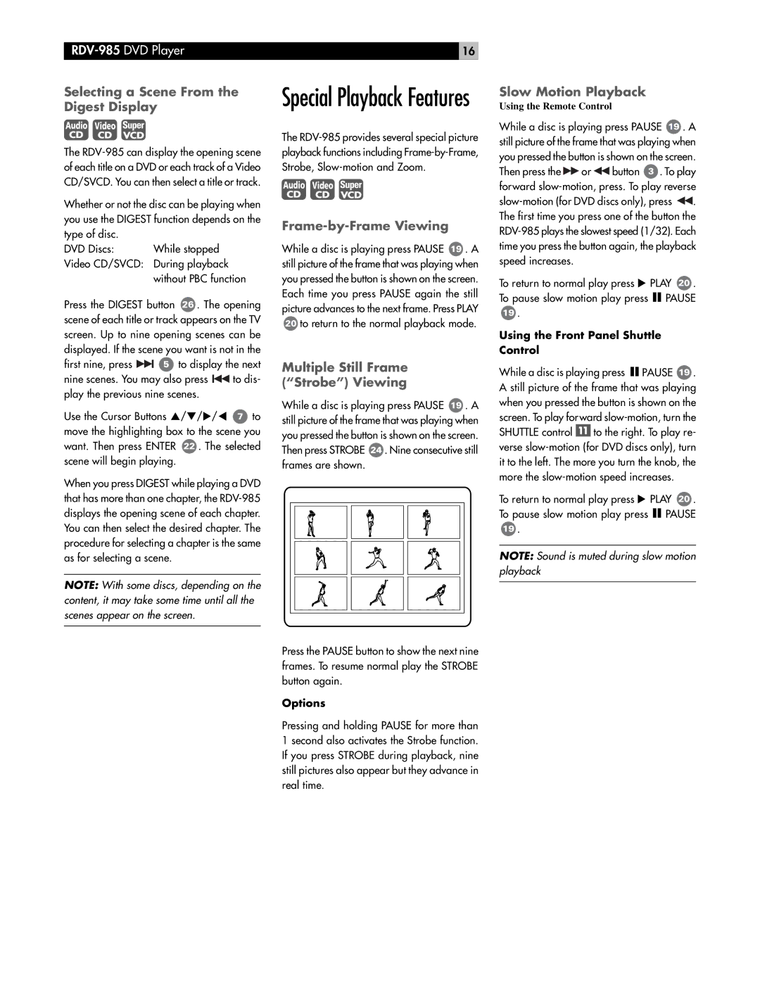 Rotel RDV-985 Selecting a Scene From the Digest Display, Frame-by-Frame Viewing, Multiple Still Frame Strobe Viewing 