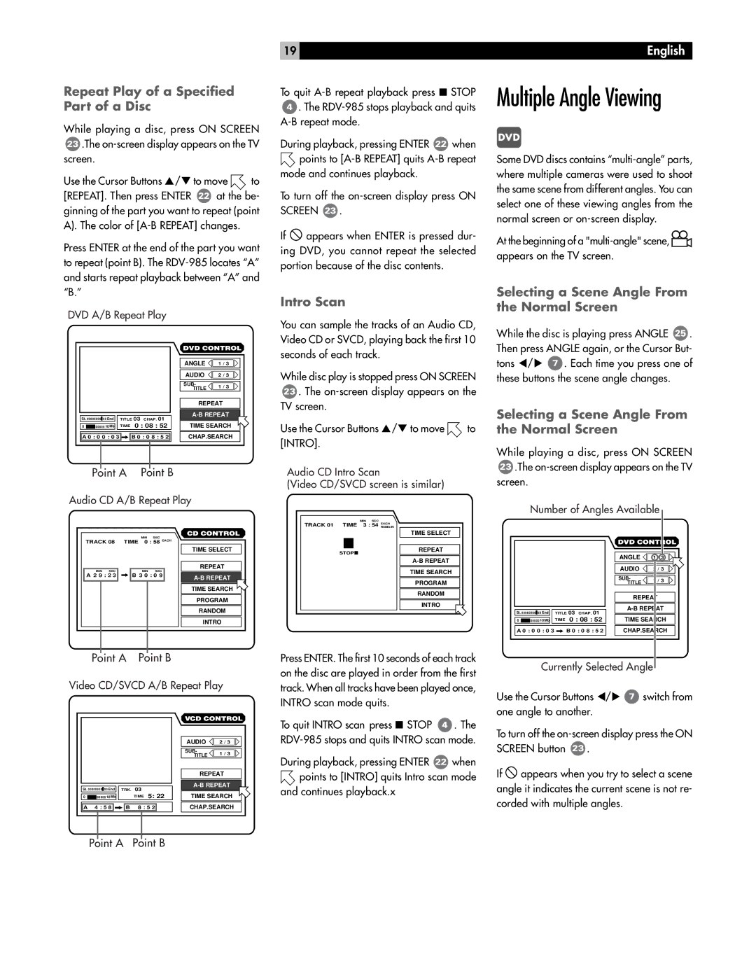 Rotel RDV-985 owner manual Multiple Angle Viewing, Repeat Play of a Specified Part of a Disc, Intro Scan 