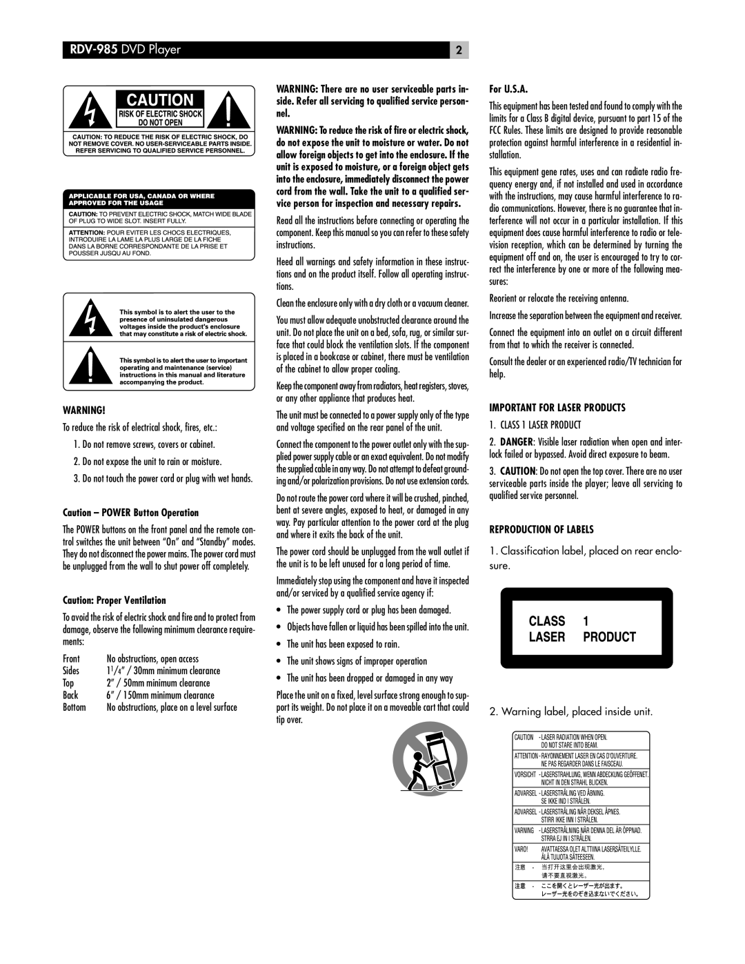 Rotel RDV-985 owner manual For U.S.A, Class 1 Laser Product 