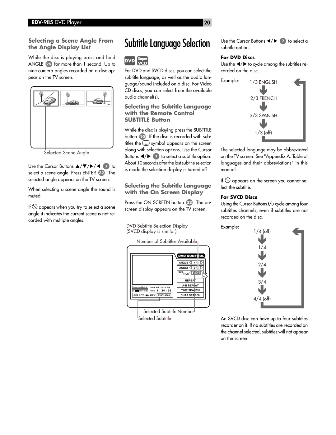 Rotel RDV-985 Selecting a Scene Angle From the Angle Display List, For DVD Discs, French Spanish, For Svcd Discs 