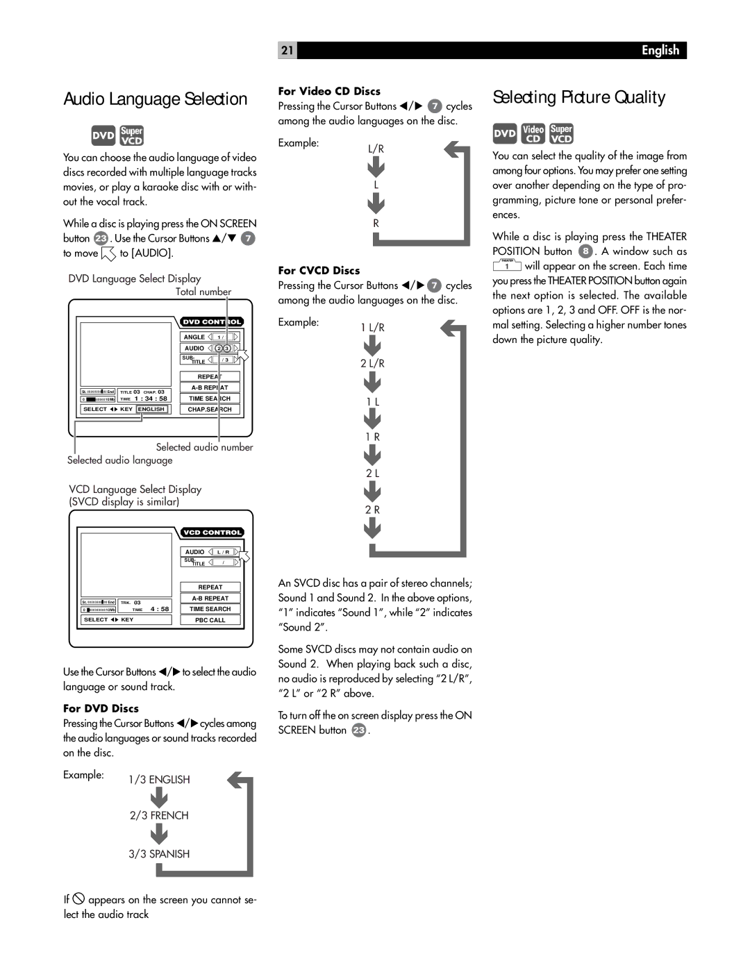 Rotel RDV-985 owner manual English, French, For Video CD Discs, For Cvcd Discs 