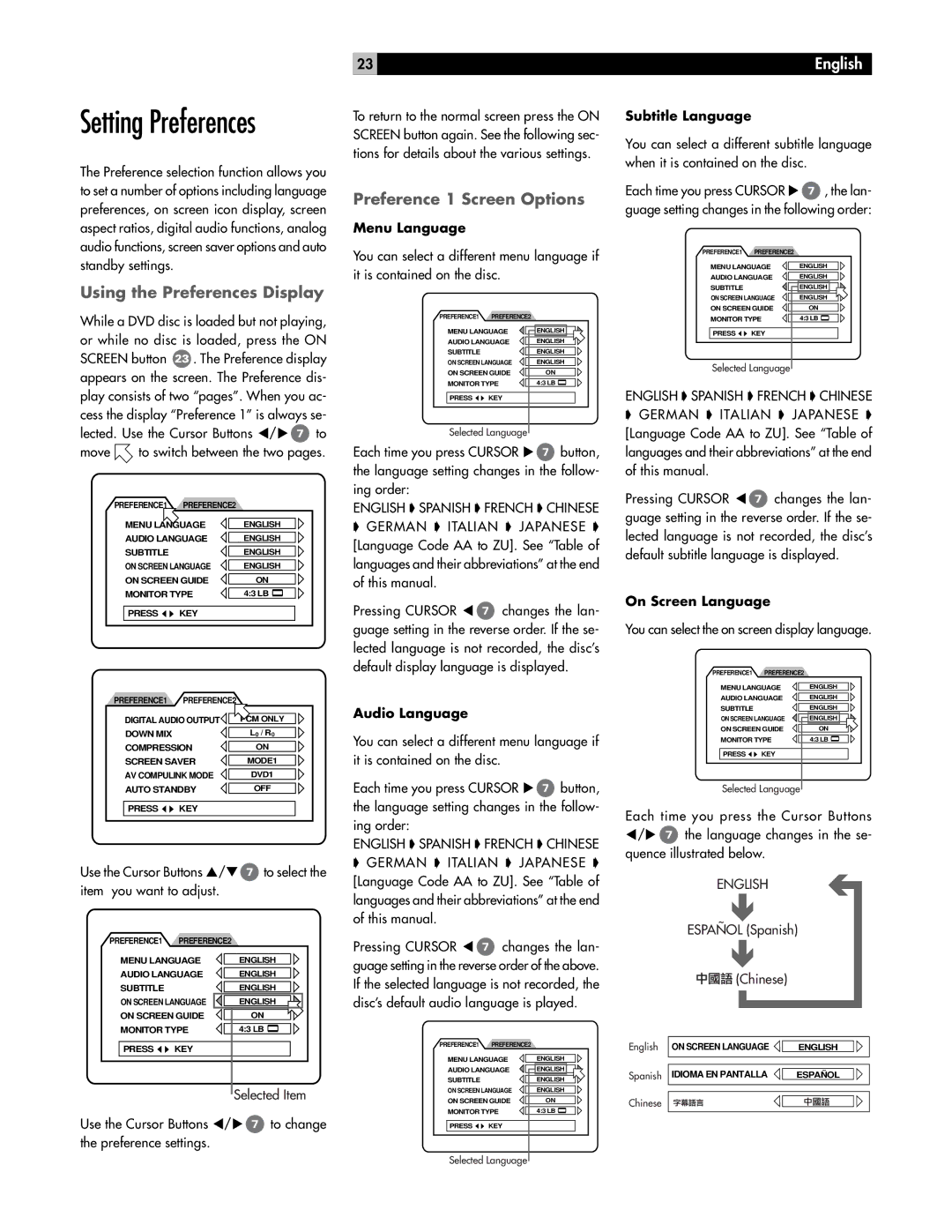 Rotel RDV-985 owner manual Using the Preferences Display, Preference 1 Screen Options 